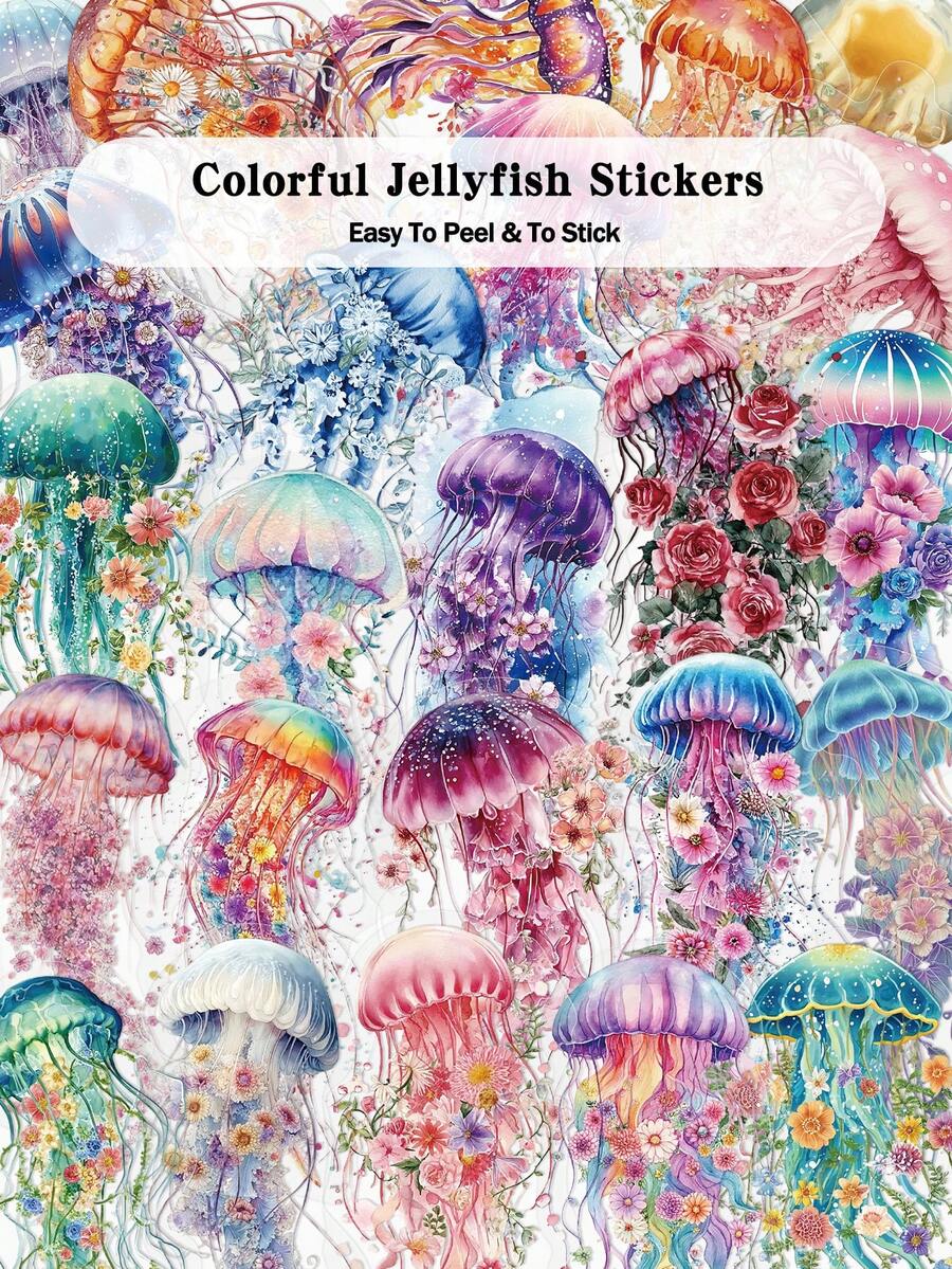 50pcs Colorful Jellyfish Stickers Set Decorative Transparent Stickers For Laptop Suitcase Scrapbook Diy Decor - Colorful Jellyfish - View 1