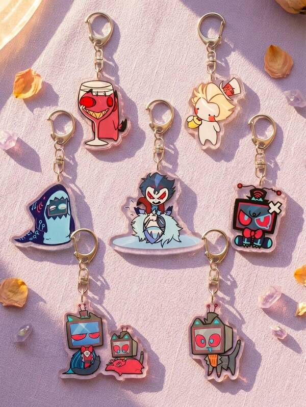 1 pieza/7 piezas Llaveros con temática de Halloween estilo Chibi, forma asimétrica de acrílico duradero, incluyendo copa de vino tinto Alastor, cabeza de TV Vox, colgantes detallados para bolso, adecuados para regreso a clases, regalos para fans, Halloween, Navidad, cumpleaños, Año Nuevo, aniversario, regalos para parejas y accesorios para atuendos diarios