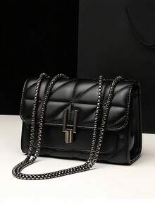 Elegant Black Quilted Crossbody Bag For Women Metal Chain Strap Shoulder Purse, Adjustable Strap, Polyester Lined, Urban Fashion Accessory - 黑色 - 查看 11
