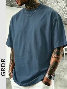 GRDR 男士休闲纯色圆领短袖T恤，适合日常休闲穿着 - 霧霾藍 - 查看 4