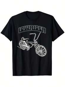 Camiseta estampada, hecha de material transpirable y que absorbe la humedad, con un diseño discreto de bicicleta, presenta cuello redondo y mangas cortas, perfecta para un estilo casual urba - Negro - Ver 1
