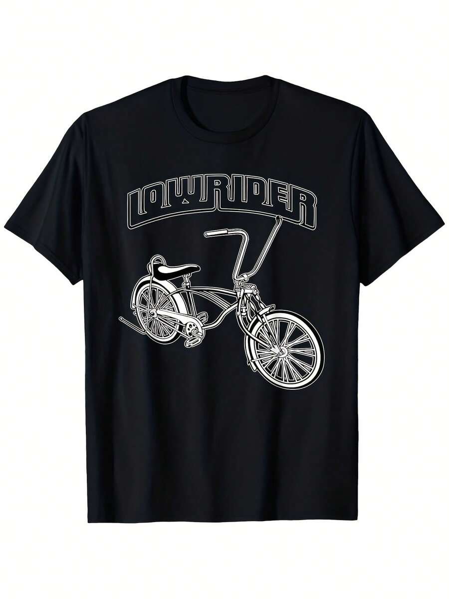 Camiseta estampada, hecha de material transpirable y que absorbe la humedad, con un diseño discreto de bicicleta, presenta cuello redondo y mangas cortas, perfecta para un estilo casual urba - Negro - Ver 1