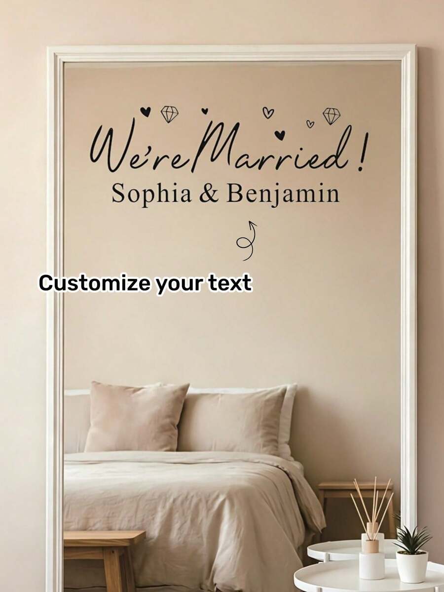 We're Married! We're Married! Customized Newlywed Couple Name Wall Sticker, Romantic Heart-Shaped Diamond Pattern Wedding Mirror Sticker, Elegant Cursive Waterproof Removable Wall Decor, Sweet Newlywed Bedroom Background Sticker - Multicolor 14 - View 1
