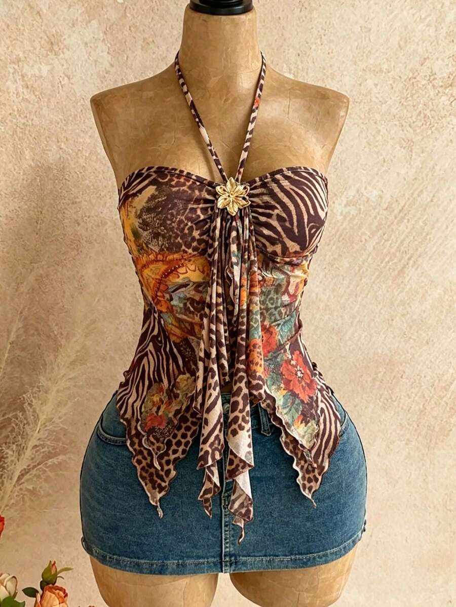 Summer Sheer Crop Top With Halter Neck And Metallic Accessory. - Leopard Print - View 1