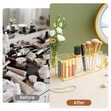 3-Compartment Makeup Brush Holder Glass And Brass Cosmetic Storage - 金色 - 查看 1