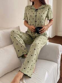 女款睡衣套裝，心形印花翻領前短後長設計短袖長褲兩件組女款睡衣，可愛睡衣 - 彩色 - 查看 5