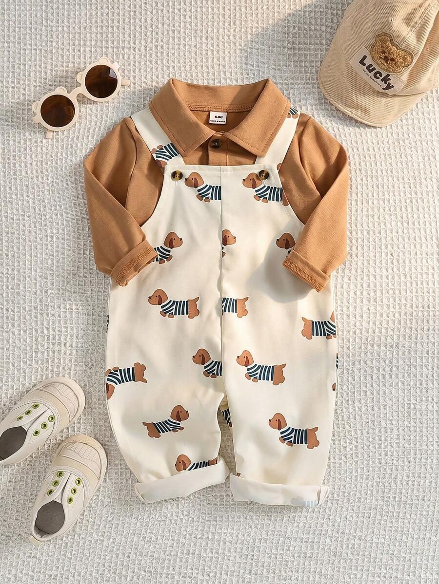 Baby Boy 2pcs Casual Cute Puppy Line Print Shoulder Strap Jumpsuit And POLO Collar Solid Color Long Sleeve Top Set, Comfortable Cute Outfit For Autumn - Khaki - View 1