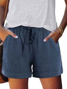 Women's Casual Shorts With Adjustable Drawstring, Elastic Waistband, Solid Color, Lightweight, For Summer Beach, With Pockets - 黑色 - 查看 11