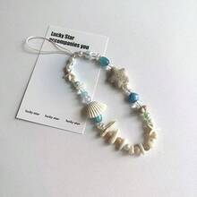 Cordón para teléfono estilo isla con conchas naturales & estrella de mar, fragmentos de conchas naturales seleccionados, estrella de mar de piedra porosa combinada con cuentas de esmalte azul & perlas falsas, textura de playa natural. Enhebrado a mano estilo vintage casual, adecuado para teléfonos, llaves & bolsos de hombro, ambiente de vacaciones, accesorio fresco de nicho de verano, creando un estilo relajado de playa - Celeste - Ver 6