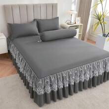 1 pieza Falda de cama elegante de encaje, Cubrecama unicolor suave y antipolvo, para todo el año, tamaño grande, sábana de cama antideslizante (Falda de cama X1, sin funda de almohada), decoración de dormitorio - azul real - Ver 7
