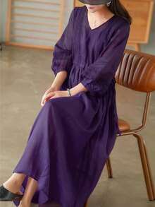 Plus Size Summer Autumn Vintage Romantic Casual Elegant Lace Patchwork Dress For Women, Waist Tie V-Neck Slimming Design Lace Patchwork Collar, Lace Patchwork Cuffs, Commute Vacation Holiday Daily Mid-Length Dress - Purple - View 4