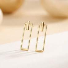 1 par de pendientes rectangulares huecos de estilo minimalista francés, un pendiente versátil para el estilo de viaje en frío, pendientes geométricos largos - Dorado - Ver 2