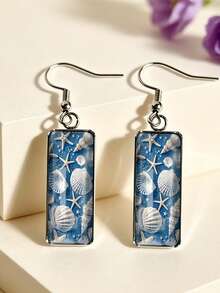 1 Pair Rectangular Ocean Style Pattern Sailboat Earrings Sailboat/Lighthouse/Anchor/Starfish Shell Summer Beach Vacation Earrings - Silver - View 18