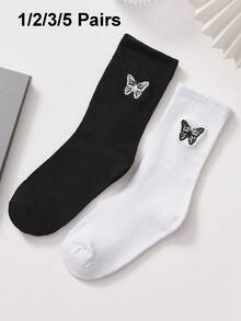 1/2/3/5 Pairs Butterfly Embroidery Pattern Mid-Calf Socks For Women, Unisex, Gift For Boyfriend - Black and White - View 1