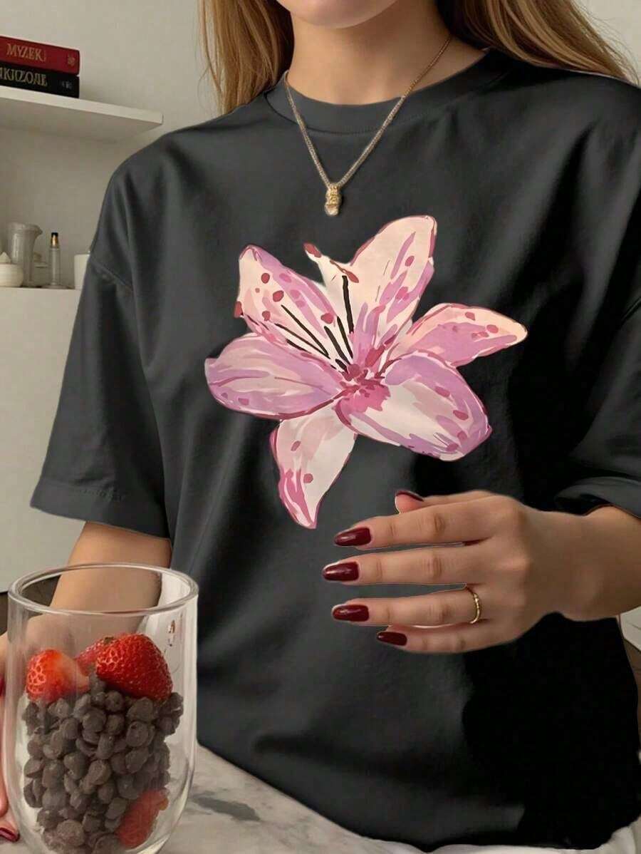 Camiseta Casual Versátil de Manga Corta y Cuello Redondo con Estampado Floral para Mujer, 100% Algodón - Negro - Ver 1