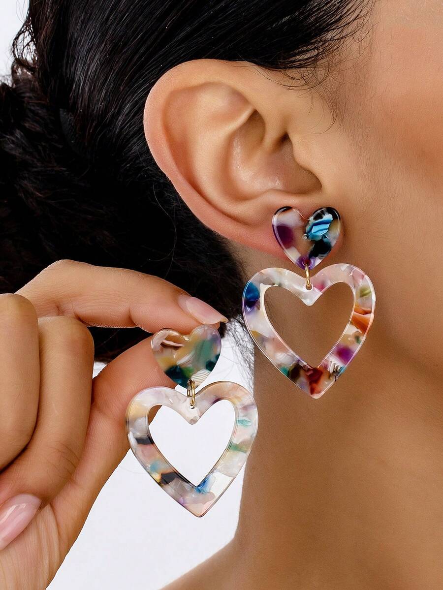 1 Pair Fashionable Cute Women's Dangle Earrings, Colorful Acrylic Heart-Shaped Party Style Earrings, Suitable For Daily Wear. - Colorful - View 1