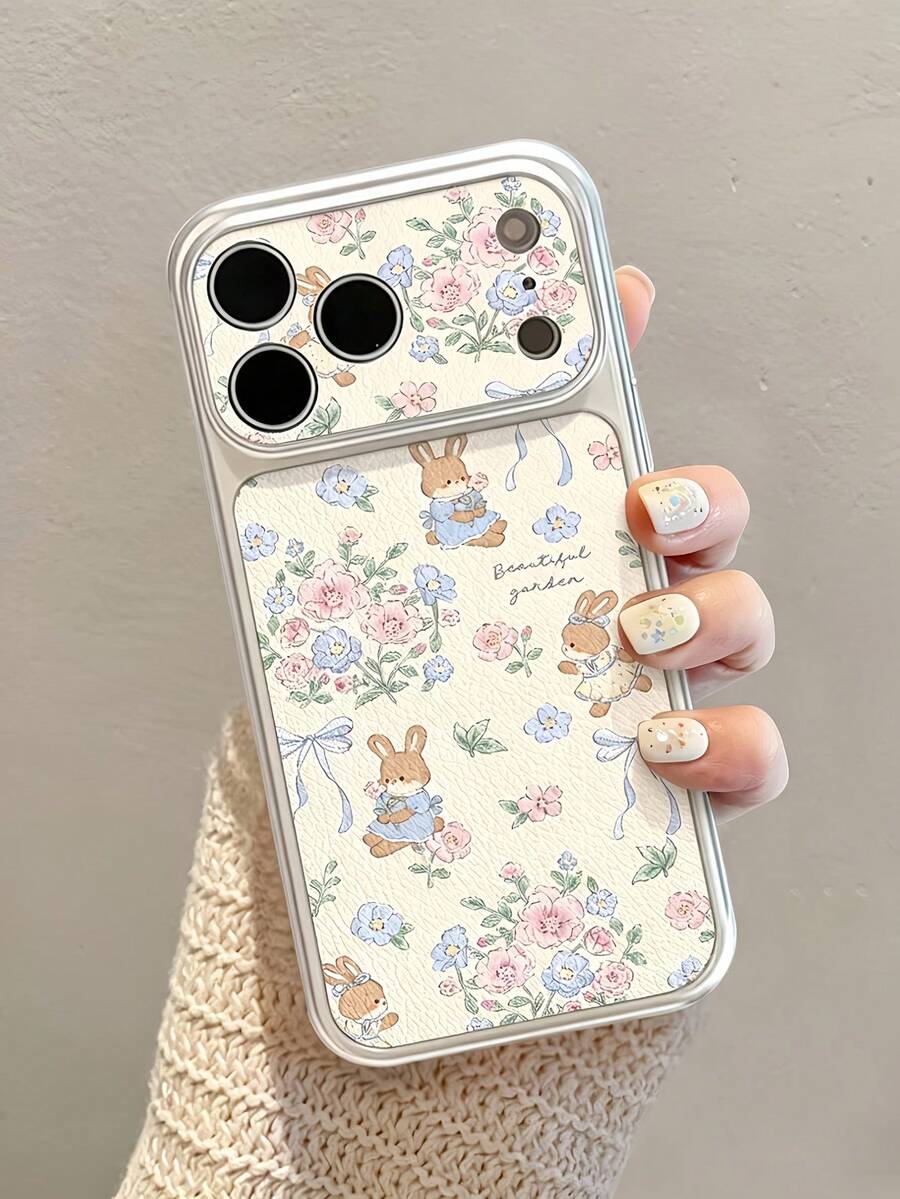 1pc Silver Pink Blue Floral Rabbit Pattern Full Coverage Lens Protection Anti-Drop Anti-Collision Personalized Phone Case Compatible With IPhone 16 Pro Max 17/16/15/14 Plus/13/12/11 Air Protective Case
