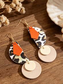 1 Pair Vintage American Hot Girl Style Colorblock Leopard Print Earrings, Semi-Circle Rhombus Patchwork Beige Double Round Disc Elegant Long Earrings - Multicolor - View 2