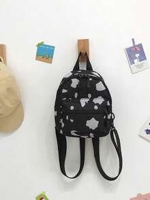 1個日式迷你可愛趣味牛紋帆布後背包，學院風學生書包 - 黑色 - 查看 6