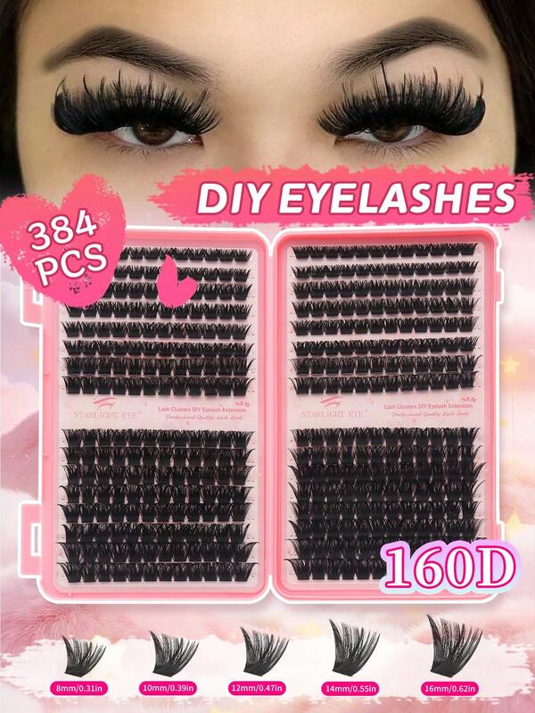384PCS Individual Eyelash Clusters D Curl 160D 8-16mm DIY Eyelash Bundles Natural Look & Ultra Soft & Ultra Lightweight Reusable Individual Segmented False Eyelashes Eyelash Extension Kit, Suitable For Beginners At Home Or On The Go For Daily Life & Wedding & Date & Party & Music Festival & Halloween Use Large Capacity False Eyelash Clusters D Curl Individual Eyelash Kit Large Capacity Combination Eyelash Kit 384PCS DIY Eyelash Extension Kit