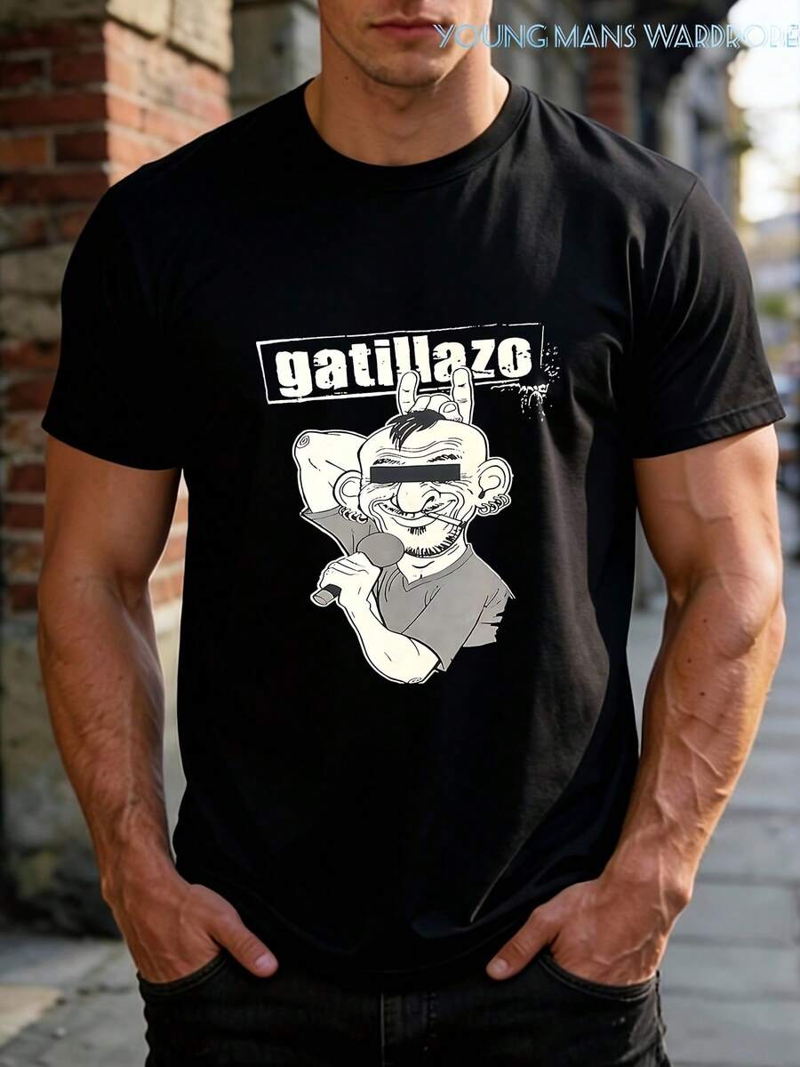 Camiseta Vintage de Hombre Estilo Gatillazo Punk Rock Español - Camiseta Suave con Estampado de Gatillazo y Texto en Español, Ropa Casual Unisex Adecuada para Conciertos.Camiseta de Hombre a - Negro - Ver 1