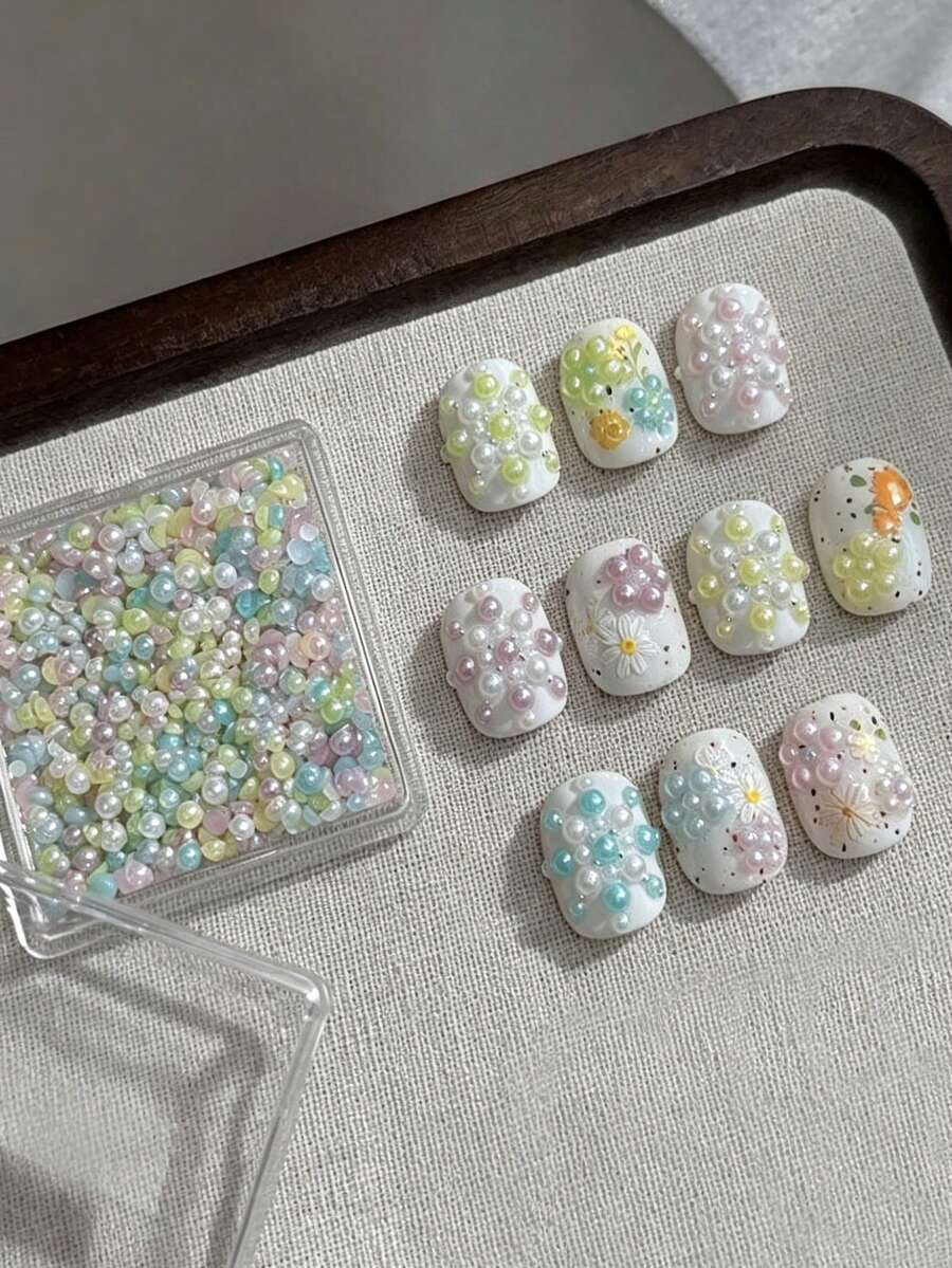 1盒夏季清新馬卡龍迷你混色珍珠美甲裝飾,幻彩種子珠花卉材質組,美甲裝飾配件,美甲用品美甲飾品 - 彩色 - 查看 1