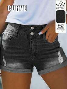 Cross-Border Plus Size Women's Straight Cut Denim Shorts With Pocket Decoration, Mid-Stretch Fabric, Creating A Relaxed And Confident Summer Vibe. - 灰色 - 查看 1