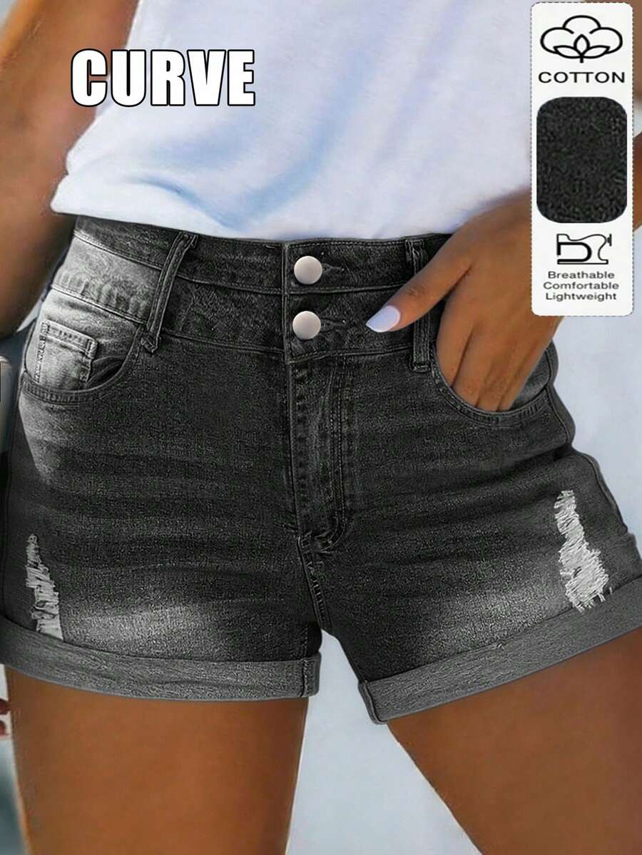 Cross-Border Plus Size Women's Straight Cut Denim Shorts With Pocket Decoration, Mid-Stretch Fabric, Creating A Relaxed And Confident Summer Vibe. - 灰色 - 查看 1