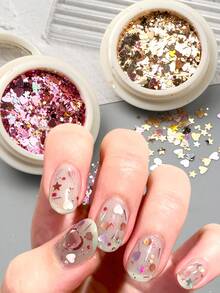 6 cajas de mini brillo para uñas con forma de corazón redondo brillante, decoración de arte de uñas con estrellas brillantes, lunares, metal dorado, plateado, verde, azul y rosa, estilo de fiesta de verano, suministros DIY para uñas, dijes para uñas - Multicolor - Ver 2