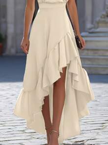 Women's Halter Ruched High Low Satin Midi Dress, Ruffled Irregular Hem Formal Dress For Cocktail Party, Wedding Guest & Evening Occasions - Apricot - View 3