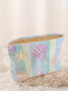 1 pieza Bolsa de almacenamiento de cosméticos portátil, patrón de serie oceánica de conchas marinas & estrellas de mar, estuche de maquillaje con cremallera de viaje con impresión de doble cara, organizador de artículos de tocador multifuncional - Multicolor - Ver 5