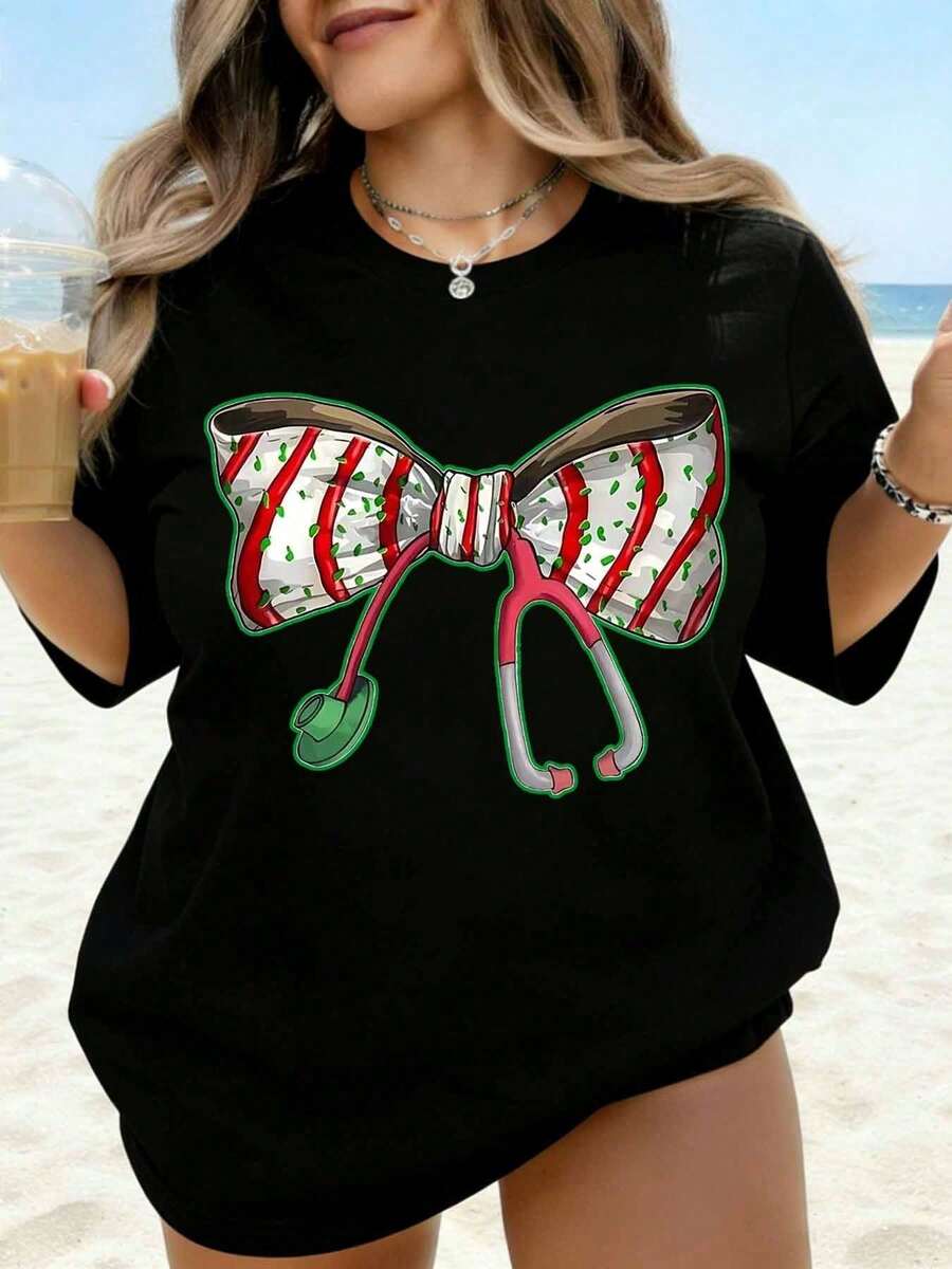 Women's Casual White T-Shirt With Stethoscope Print And Christmas Bow, Casual Beach Outfit For Daytime, Summer Top, Gift For Nurses And Doctors, Fashion - 黑色 - 查看 1