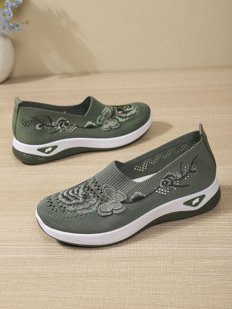 Van Skr Elegant Women's Summer Ballet Flats, Chinese Style Embroidered Knit Mesh Mom Shoes