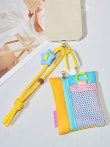 1 Set Dopamine Color-Block Star Adjustable Braided Phone Wrist Strap Coin Purse, Korean Style Patchwork Mesh Tulle Mini Cute Portable Key Coin Storage Zipper Pouch, Multi-Functional Portable Student Bus Card Earphone Lipstick Storage Colorful Small Bag - Multicolor - View 8