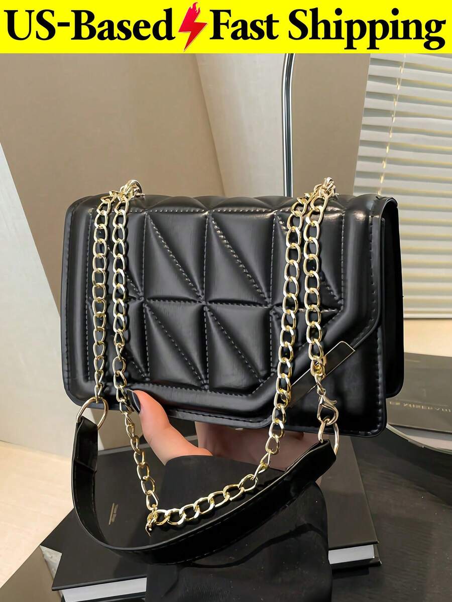 Women's Casual Crossbody Bag, Versatile Solid Color PU Leather Flap Quilted Bag, Fashionable All-Match Textured Chain Mini Bag, Minimalist & Fashionable For Daily Use, Simple Large Capacity Travel Vacation Metal Chain Square Bags, Fashionable Business Commuting Shoulder Bag For Office Work Use, Lightweight Outdoor Shopping Women Crossbody Bags[US Local Warehouse]The Best Gift Choice, Birthday Gift,Back To School - Nhiều màu - Xem 1