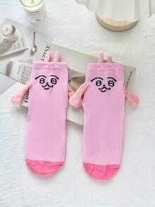 1 Pair/4 Pairs Pink Rabbit Fun Socks, Expression Pattern Magnetic Hand-Holding Socks, Unisex Quirky Mid-Calf Socks, Suitable For Daily Life, Couples, Party Gatherings, Great Birthday Gift - Multicolor - View 8