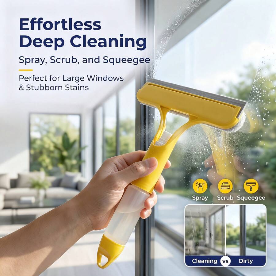 Three In One Window Cleaning Kit, Including Heavy-Duty Glass Scraper And Short Handle Professional Tools, Equipped With Wipers, Scrubbing Pads And Water Spray Guns, Suitable For Cleaning Tools On Windows, Glass Mirrors, Shower Doors And Tiles - 1pcs - View 1
