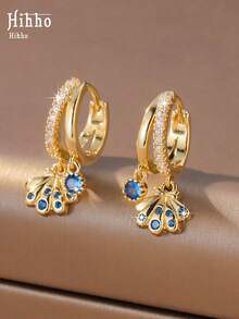 Hihho 1 Pair Ocean Vacation Style Charming Fashion Shell Earrings, Royal Blue Zirconia Accented, Versatile Women's Jewelry Earrings Suitable For Daily, Party, Outing, Holiday Decoration Gift - Seashell Earrings - View 1