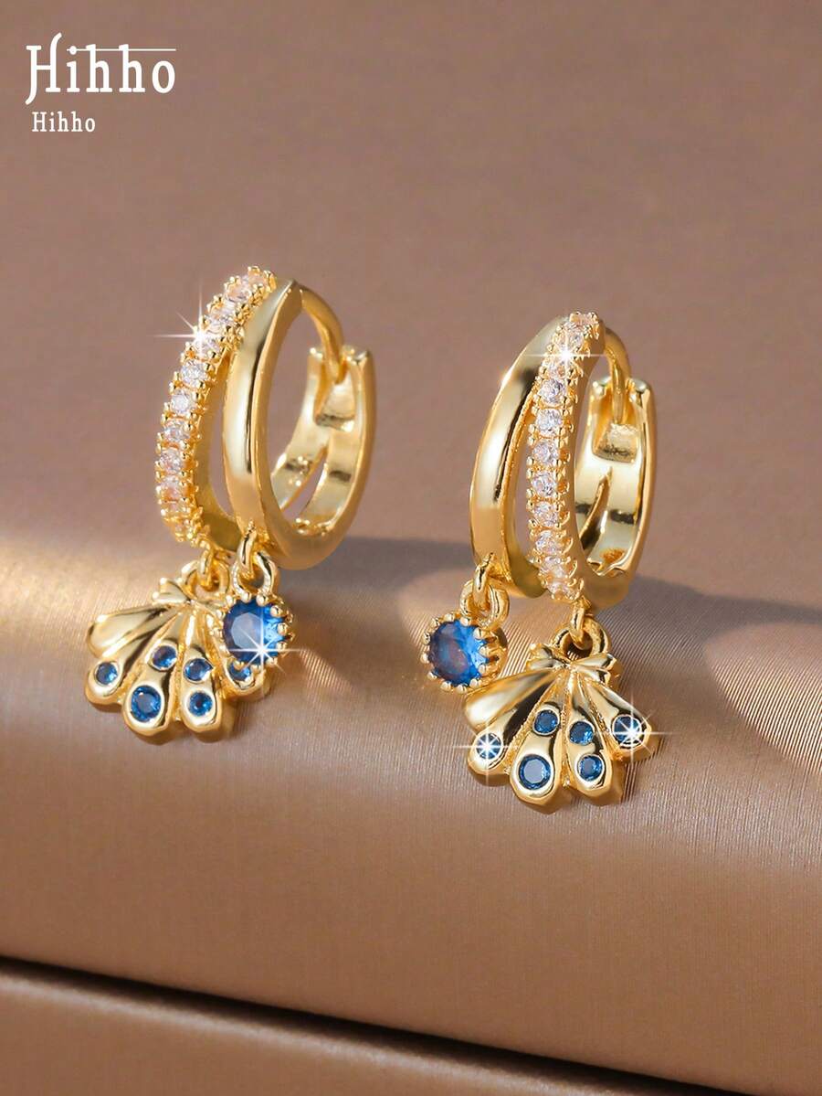 Hihho 1 Pair Ocean Vacation Style Charming Fashion Shell Earrings, Royal Blue Zirconia Accented, Versatile Women's Jewelry Earrings Suitable For Daily, Party, Outing, Holiday Decoration Gift - Seashell Earrings - View 1