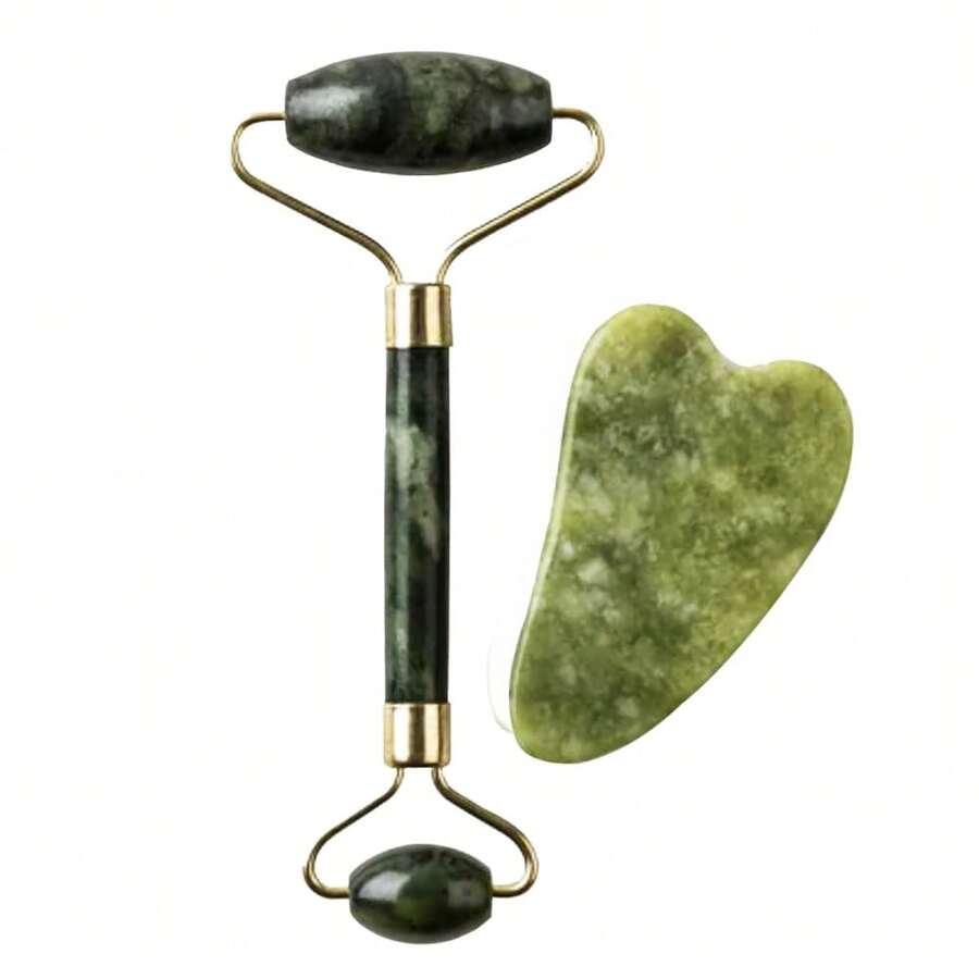 Rodillo Facial de Jade – Herramienta de Piedra Natural de Doble Punta con Mango Suave – Accesorio Facial Compacto – Artículo de Belleza Hecho a Mano para Exhibición o Regalo – 1 Unidad – Hecho en India - Rojo y blanco - Ver 1