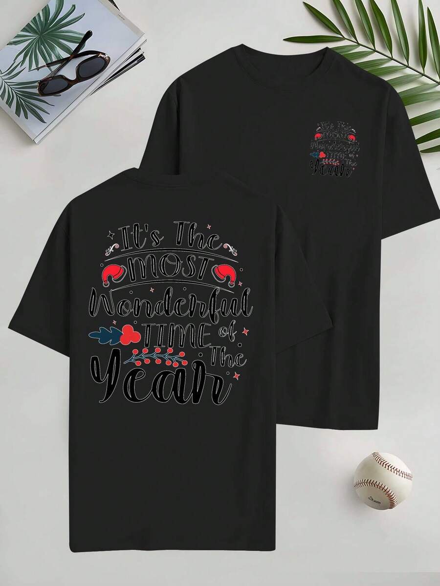 Conjunto de regalo navideño: Camiseta de verano para hombre, deportiva y casual, de talla, con estampado de doble cara, diseño moderno y a la moda, corte holgado, cuello redondo versá - Negro - Ver 1