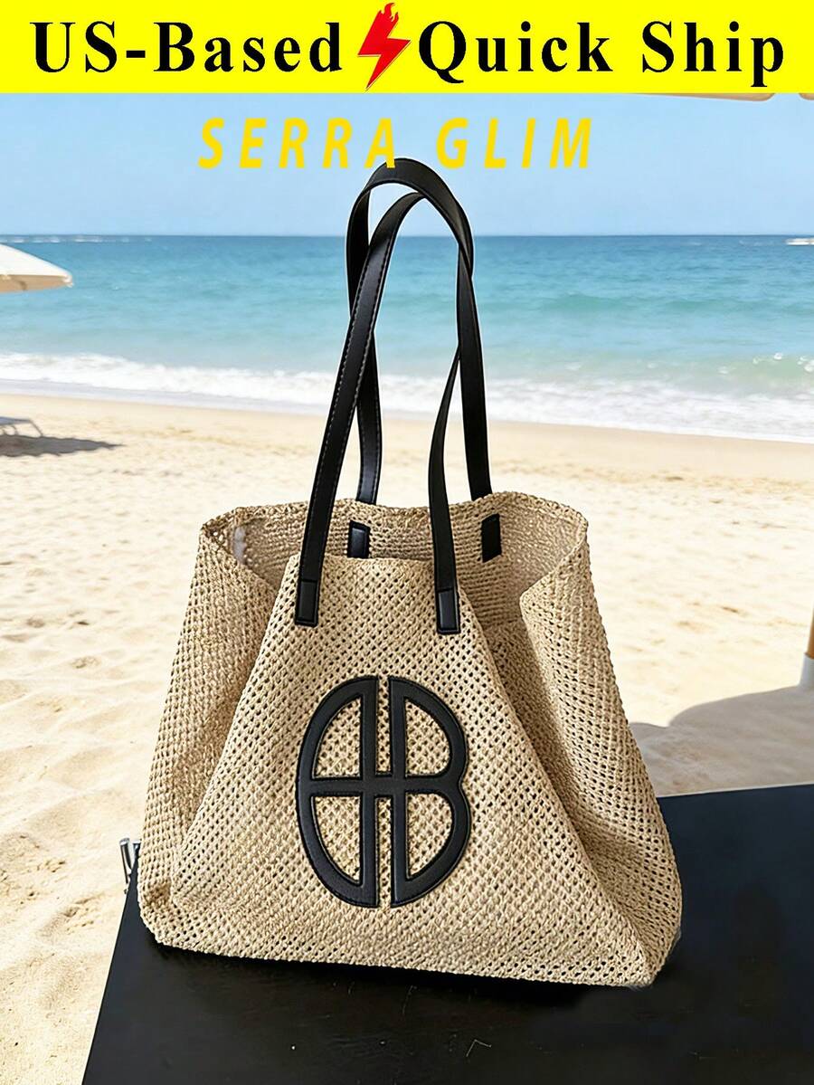 Summer Casual Beach Bag For Women Resort Style Woven Tote Bag Large Capacity Handbag Crochet Shoulder Bag Minimalist Straw Woven Bag Travel Essential - 彩色 - 查看 1