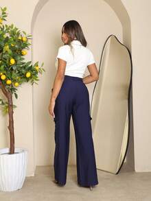Calça Cargo Pantalona Feminina Marrant Sensorial Alfaiataria Cintura Alta com Bolsos Laterais Elegante Moderna Versátil  Dia a dia - Azul Marinho - Visão 5