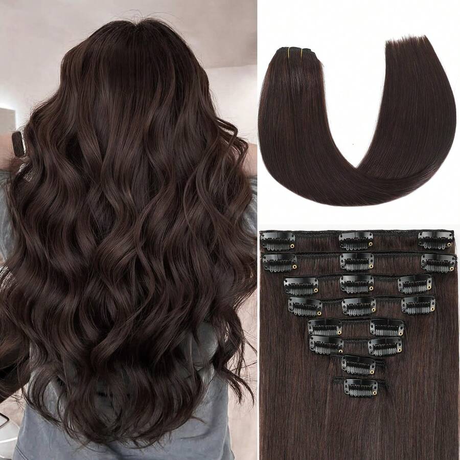 4# Brown Clip-In Human Hair Extensions, 8pcs/Set, 18 Clips Double Layer Hair Extensions, Natural Black Real Human Hair, Women's Real Human Hair Clip-In Extensions, Brazilian Real Human Hair Clip-In Extensions