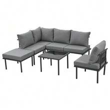 Juego de 6 tumbonas de jardín con estructura de hierro galvanizado, cuerda trenzada beige, patas ajustables y tablero de cristal liso. Incluye cojines para el asiento y el respaldo. - Gris - Ver 8