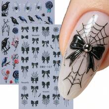 2 feuilles d'autocollants pour ongles gothiques d'Halloween, corbeau en relief 5D, crâne, rose, toile d'araignée & nœud, décalcomanies d'art pour ongles, décoration de manucure DIY pour femmes & filles - Noir - Voir 5