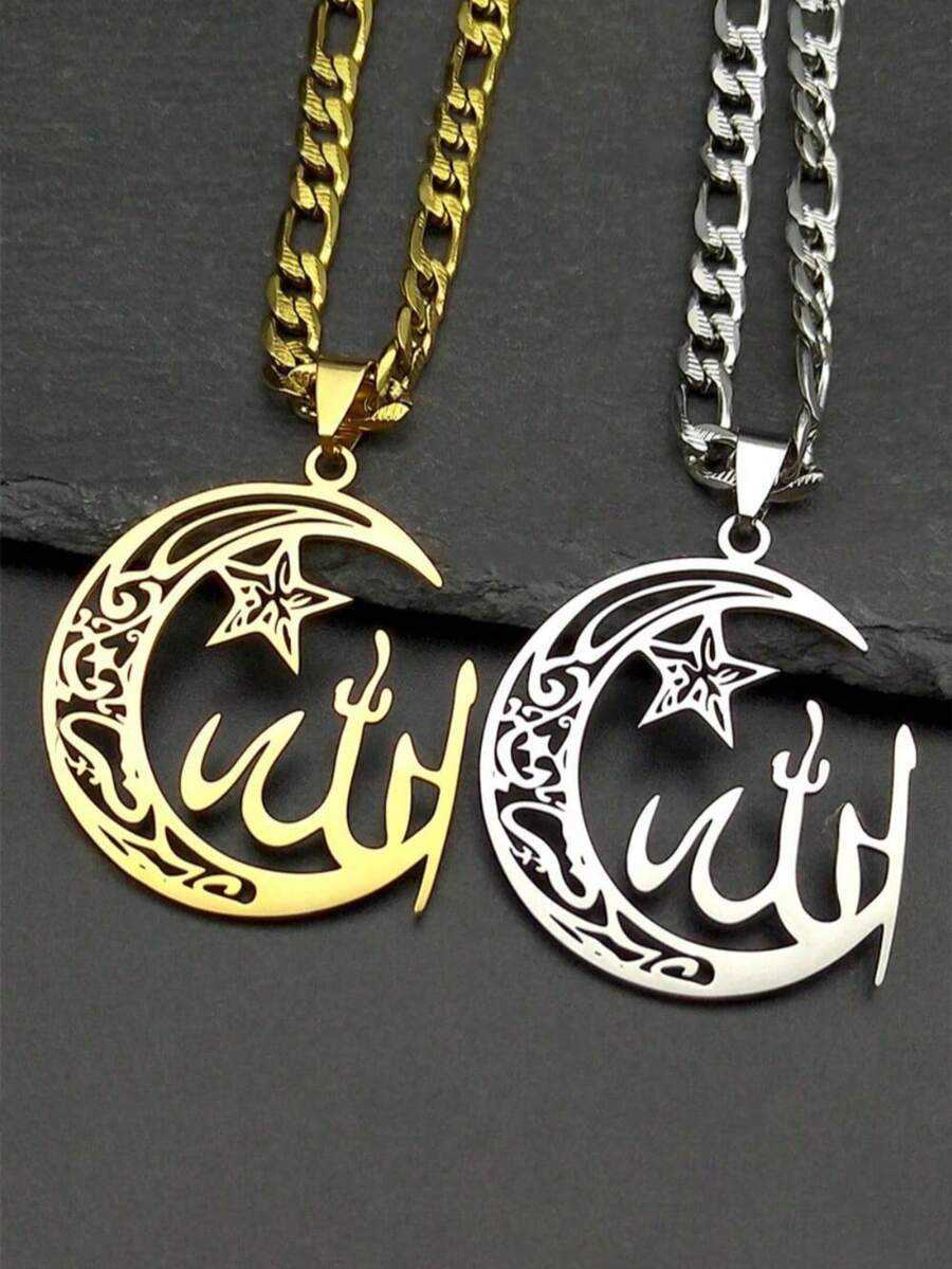 Cut Out Halbmond & Stern Islamische Muslimische Halskette, Unisex, Edelstahl vergoldet Arabischer Stil Schmuck Geschenk - Stern - Übersicht 1