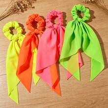 4pcs Chiffon Triangle Scarf, Ribbon, Scrunchie, Neon Color Hair Band Hair Accessories - Multicolor - View 5