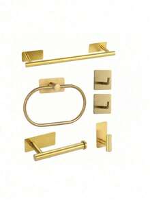 6 Pieces/Set Of Gold No-Drill Bathroom Accessory Set-Towel Rack, Towel Ring, Toilet Paper Holder, Bathrobe Hook, Wall-Mounted Bathroom Accessories, Bathroom Tools - Multicolor - View 12