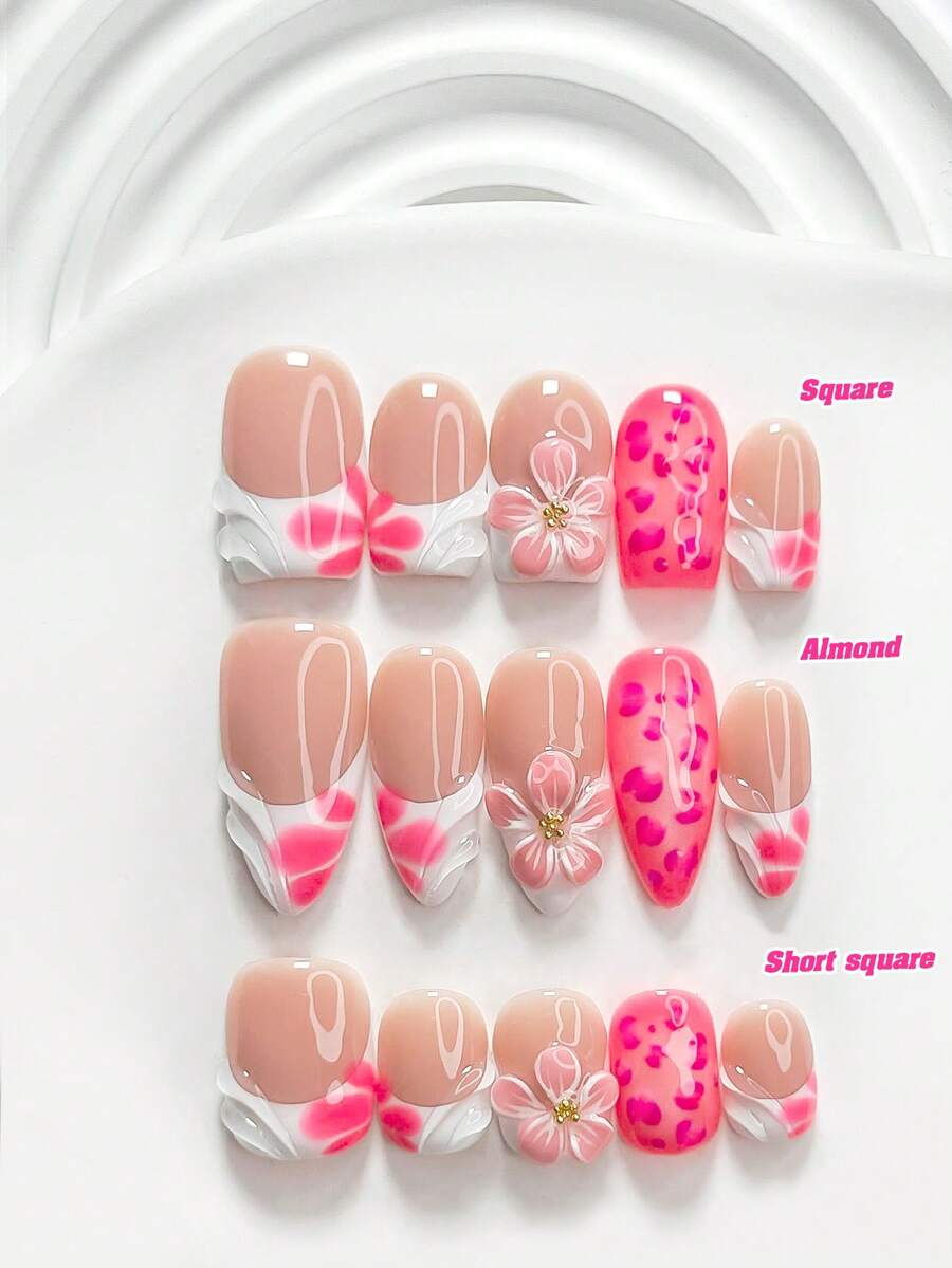 10pcs Sweet Style Handmade Press-On Nails, Polygel Nail Art Set, Five-Petal Flower Design, Pink And White Color, Fresh Style, Includes Nail Tools, 3 Sizes Available: Square, Short Square, Almond, Suitable For Party, Dancing, Daily Wear - Multicolor - View 1